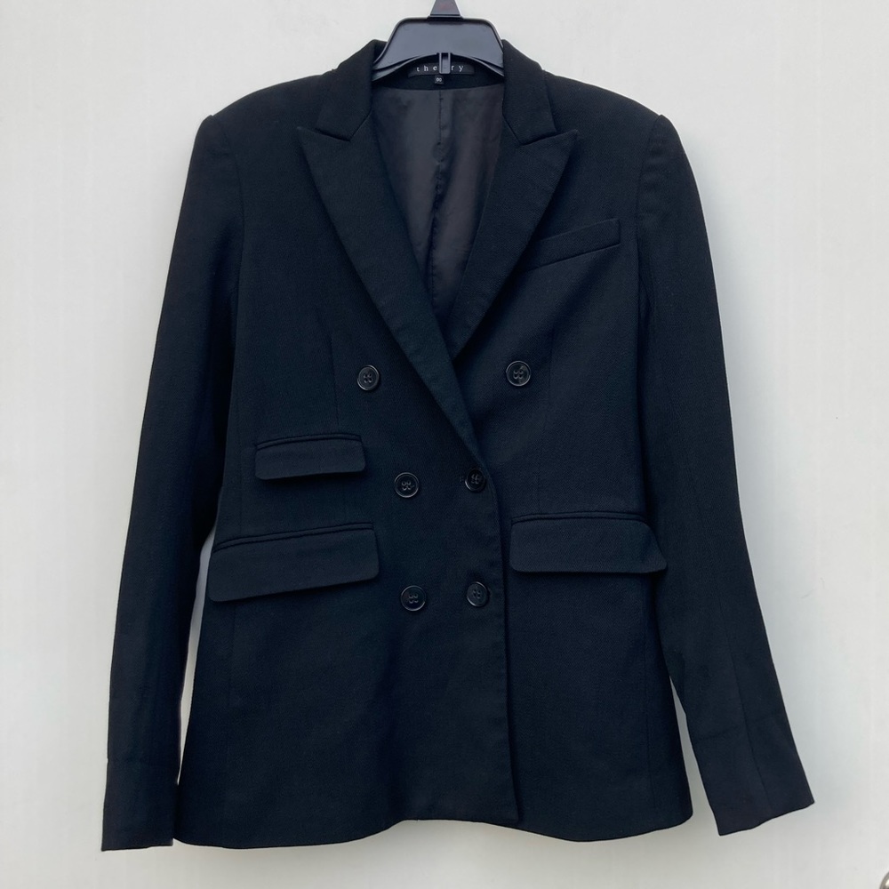 Theory Blinn Wool Double Breasted Lined Blazer Pockets Back Vent Black Size 00